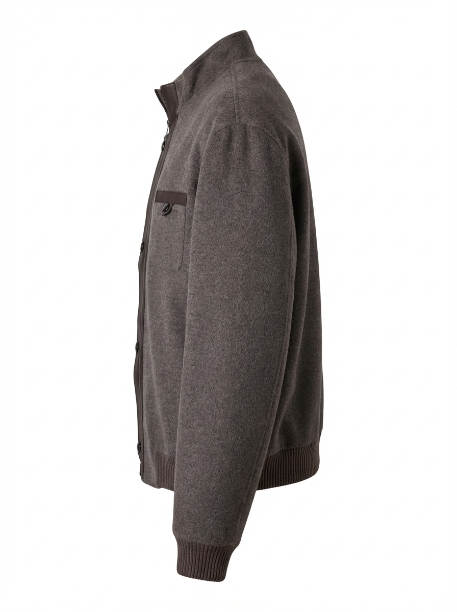 Brown Wool Zip-Up Jacket with High Collar and Leather Trim ( ALP 100 )