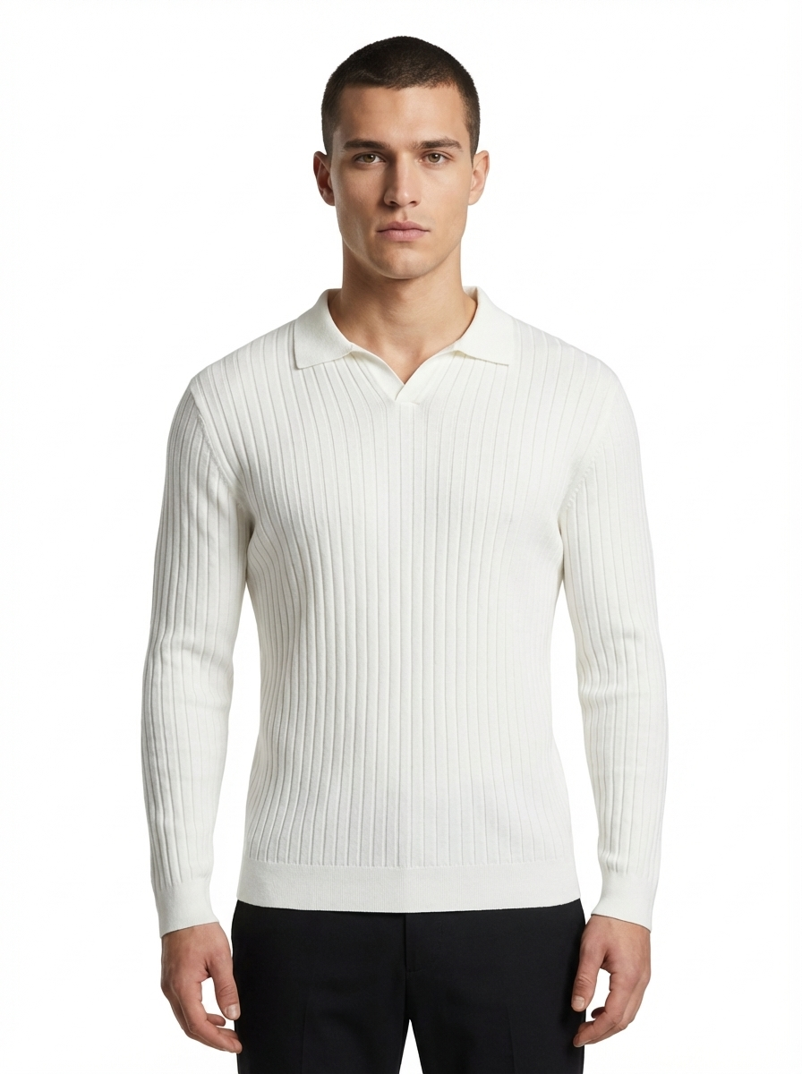 Wool Polo V Neck Long Sleeve With Thin Lines On The Body CREAM