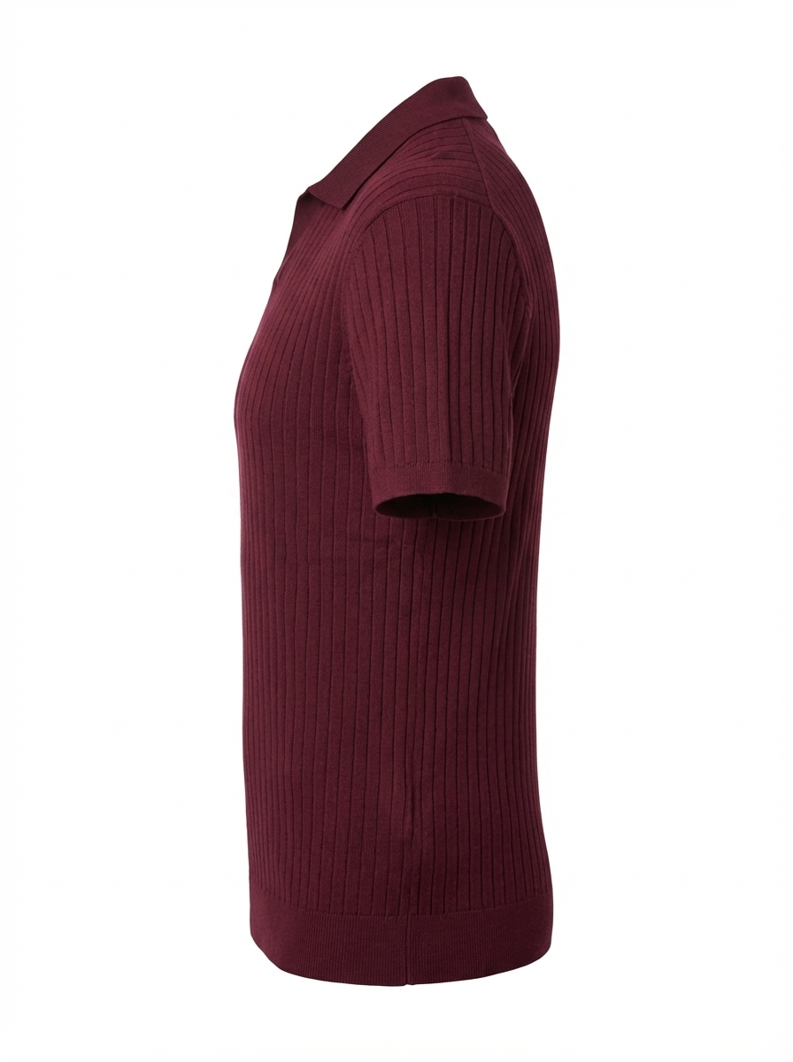 Wool Polo V Neck With Line On Body (Thin) Short Sleeve BURGANDY