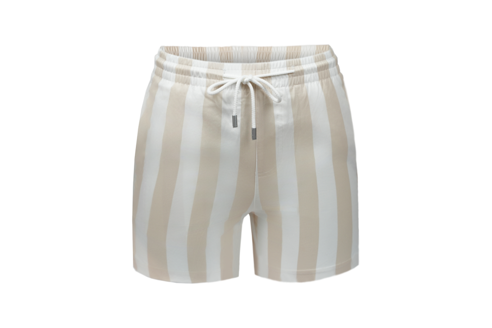 beige striped swim shorts