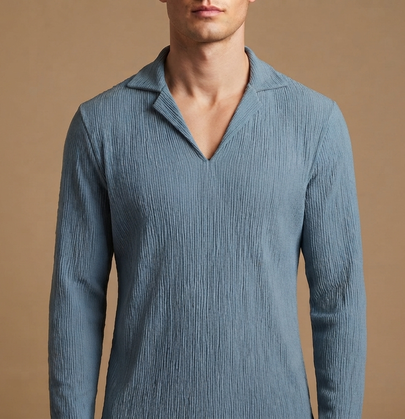 blue v neck long sleeve shirt