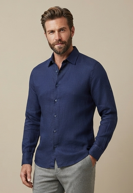 navy linen long-sleeve shirt