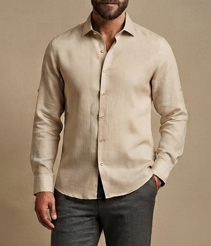 beige linen long-sleeve shirt