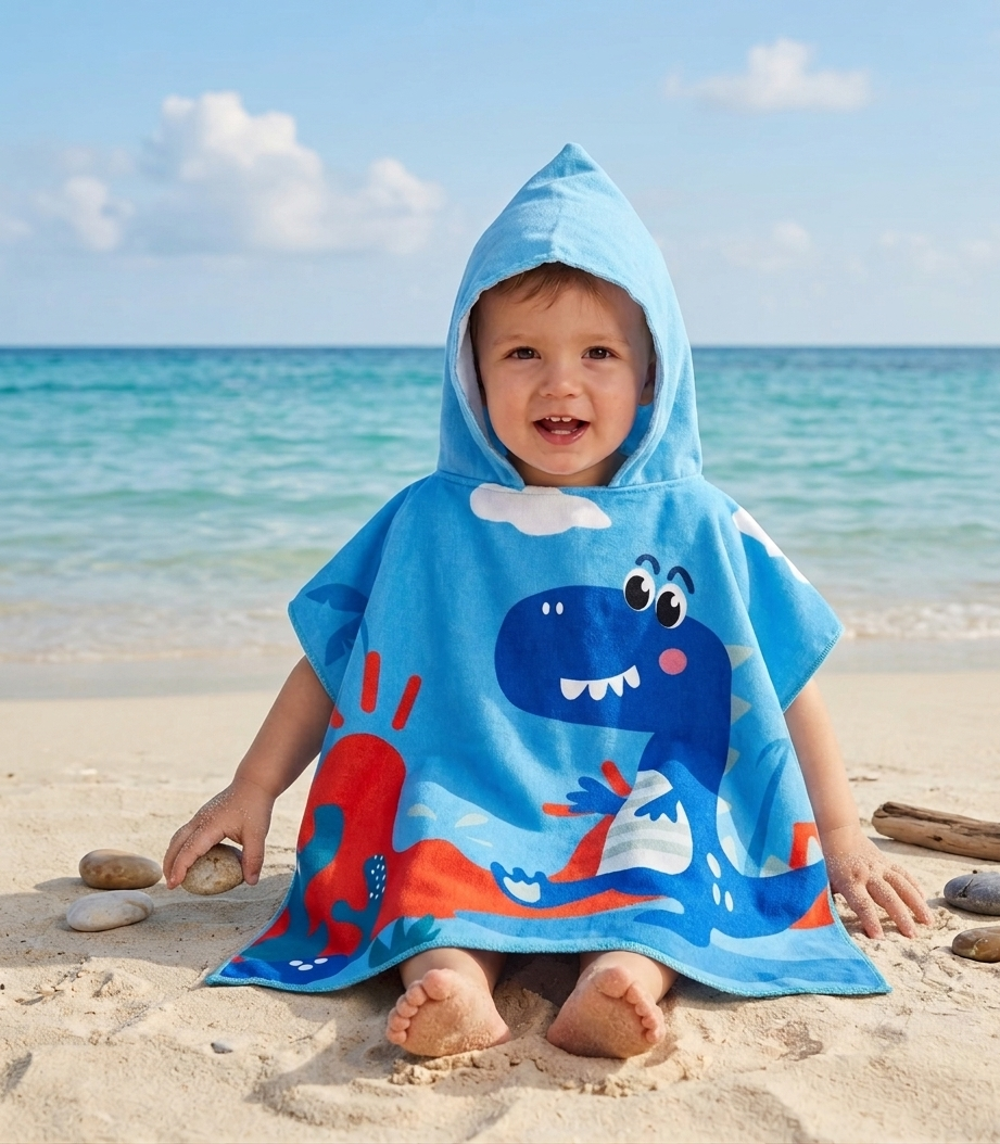 kids hooded beach towel – blue dino