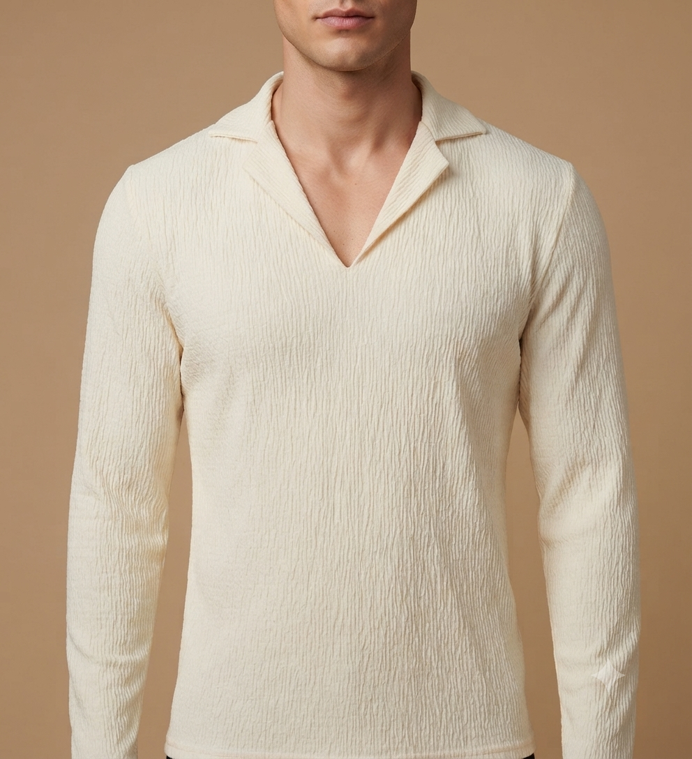 cream v neck long sleeve shirt