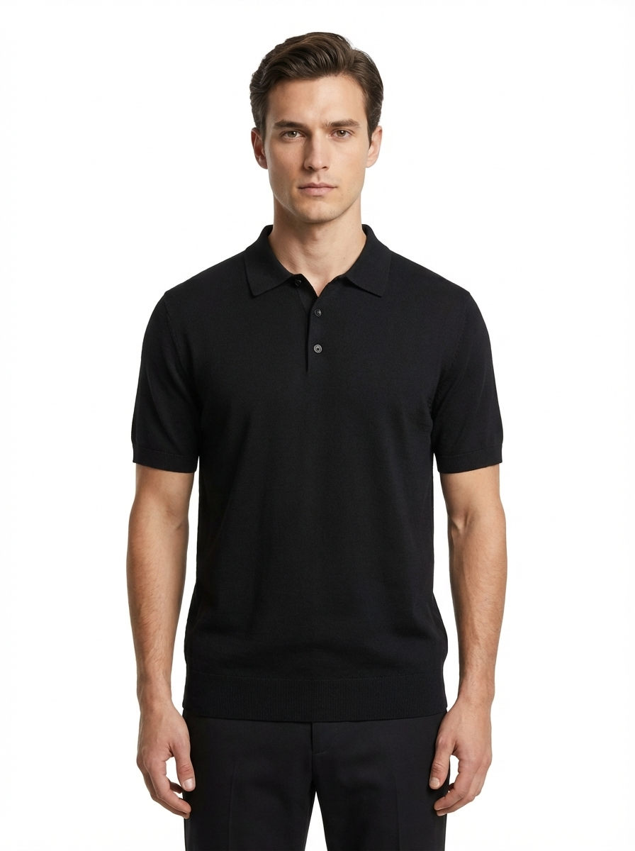 Wool Polo Thin With Button Short Sleeve