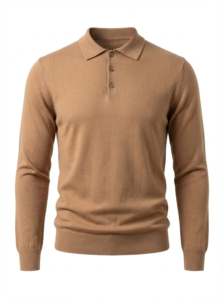 Wool Polo Long Sleeve With Button CAMEL