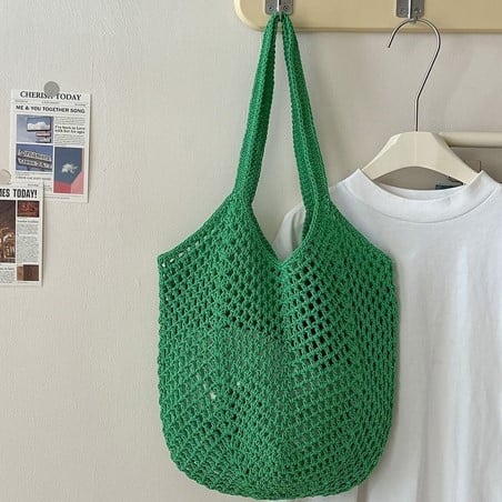 green crochet mesh tote bag