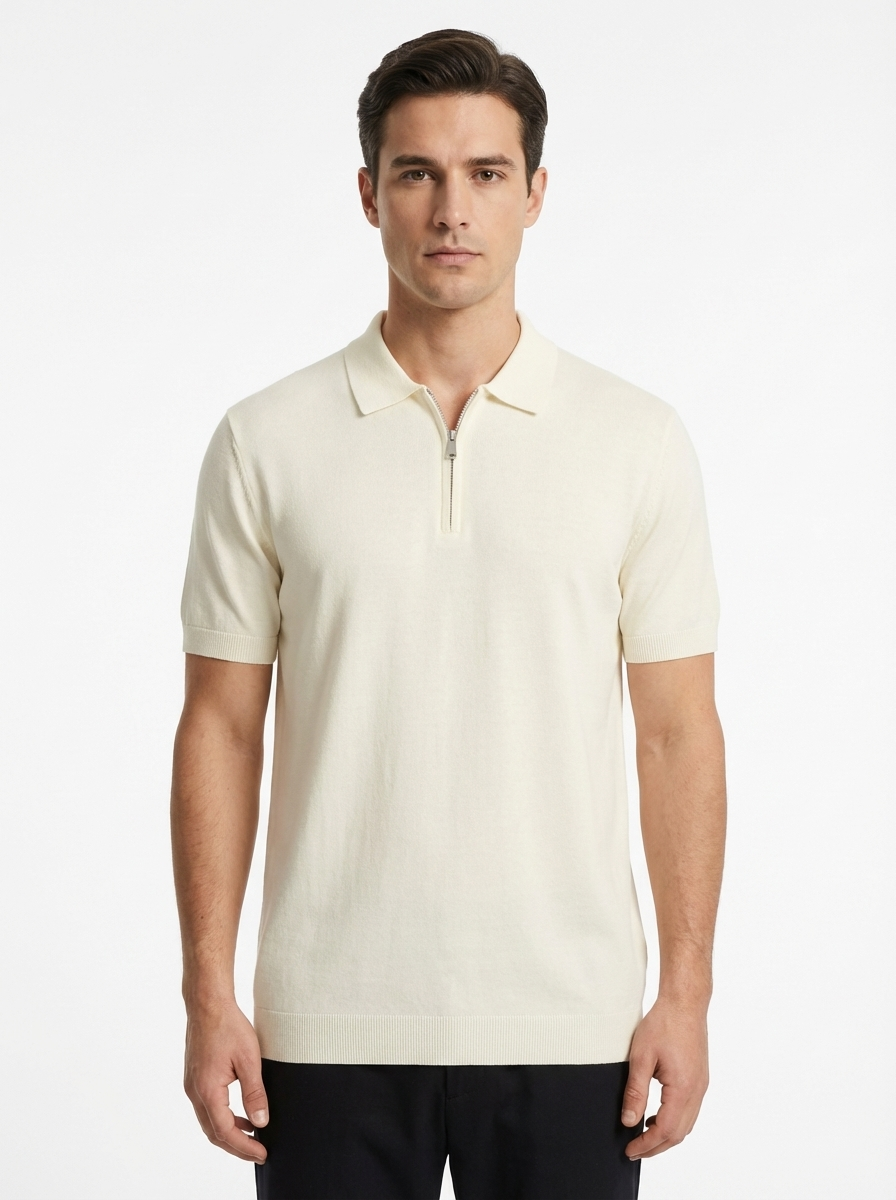 Wool Polo With Zipper Short Sleeve CREAM