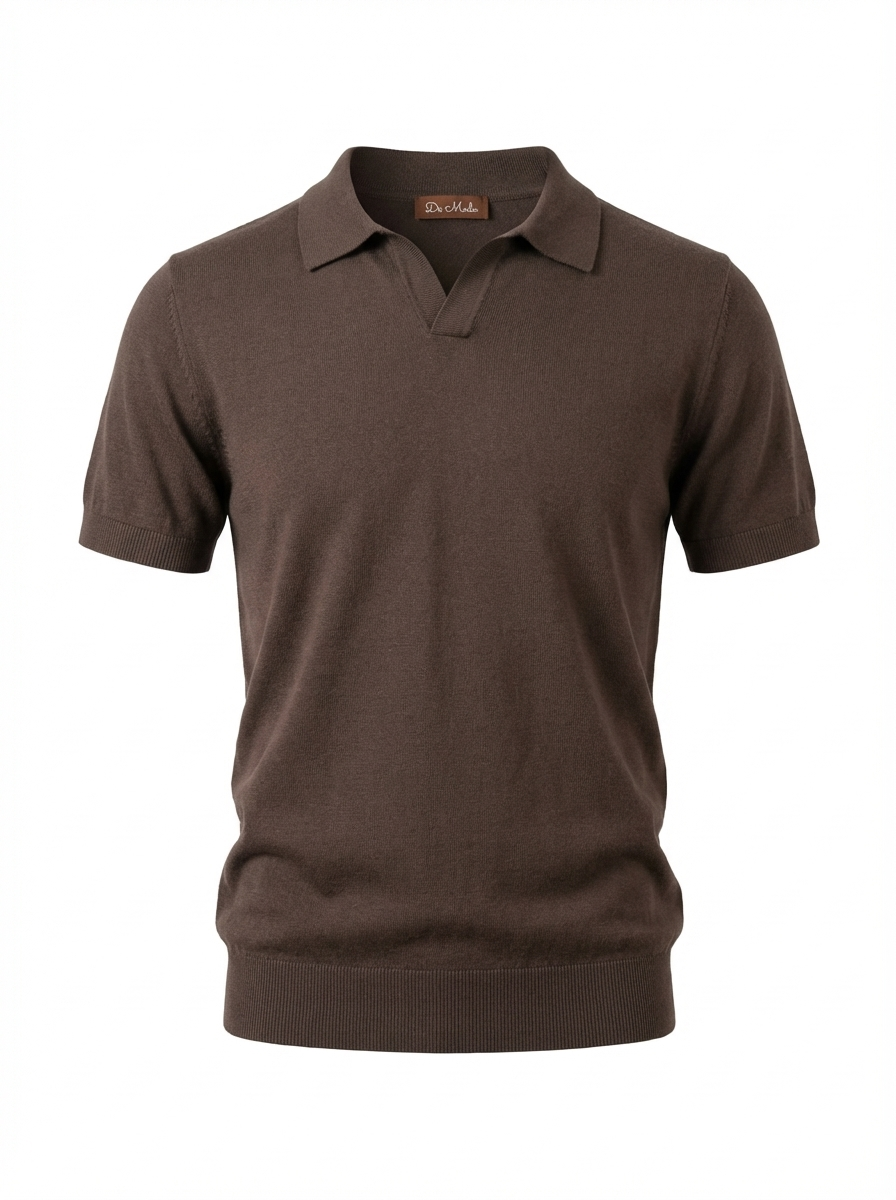 Wool Polo Short Sleeve V Neck With Stitch ( Thin ) BROWN
