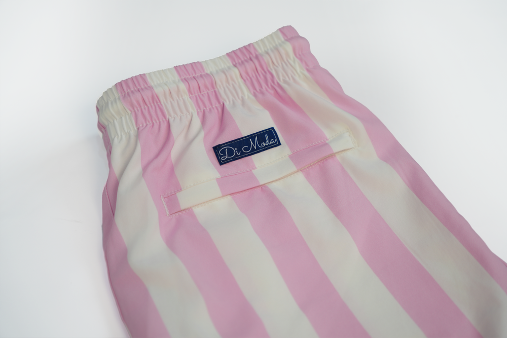 pink striped swim shorts