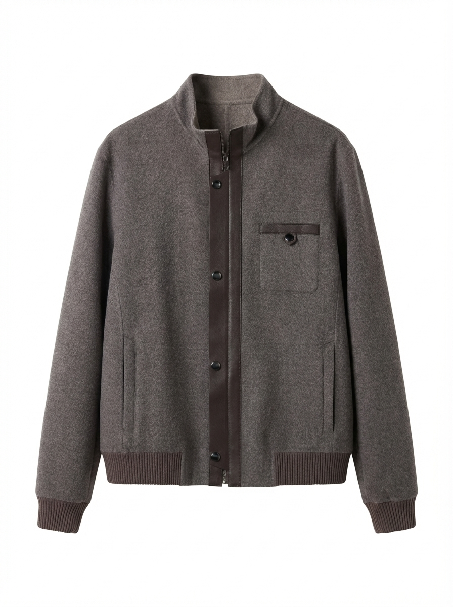 Brown Wool Zip-Up Jacket with High Collar and Leather Trim ( ALP 100 )