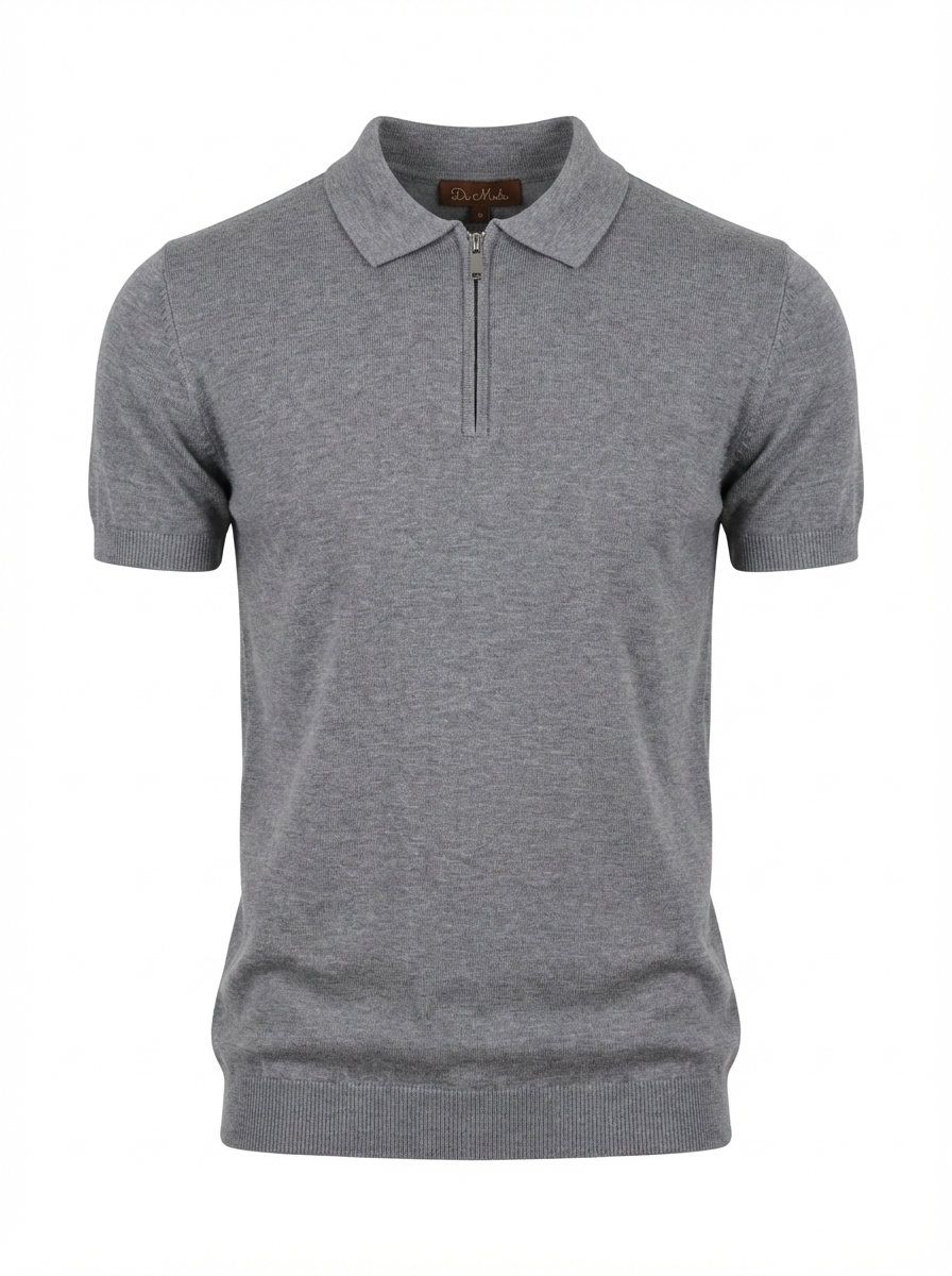 Wool Polo With Zipper Short Sleeve GREY