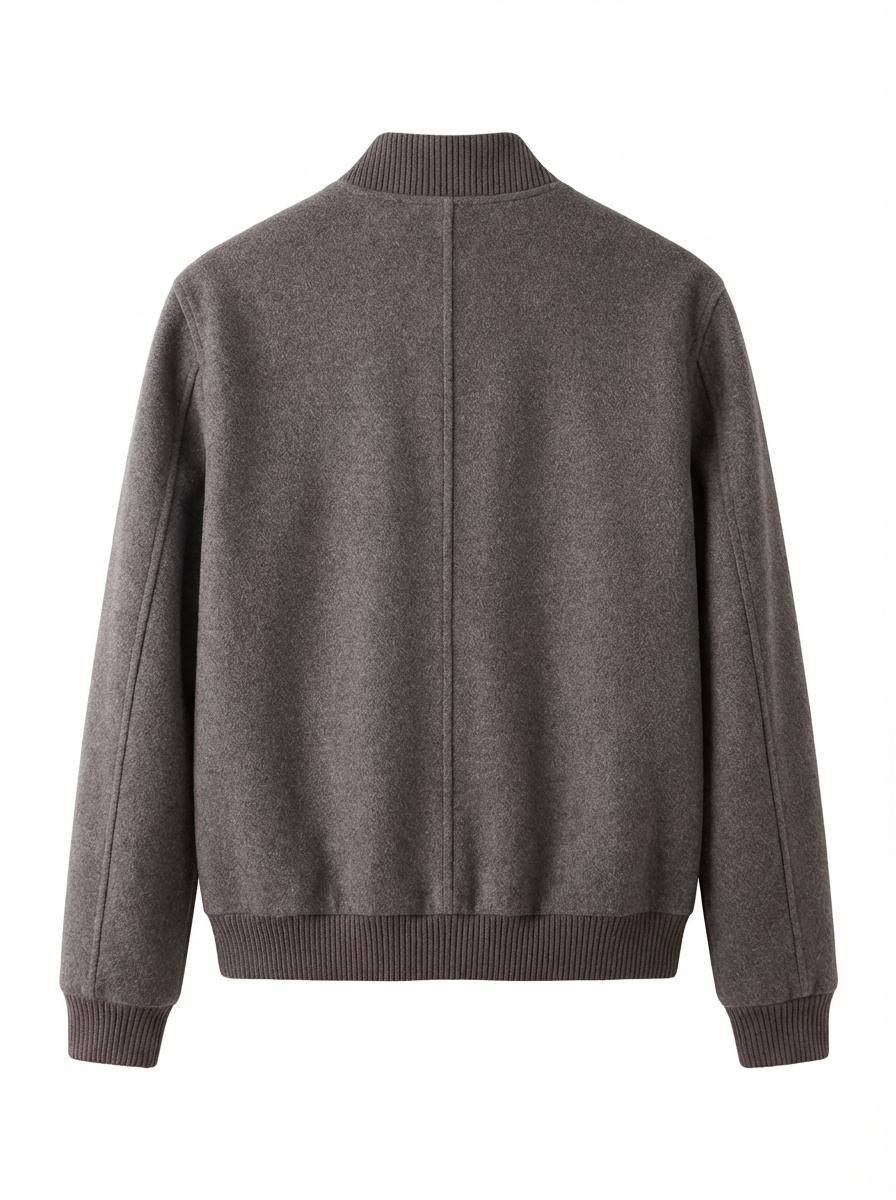Brown Wool Zip-Up Jacket with High Collar and Leather Trim ( ALP 100 )