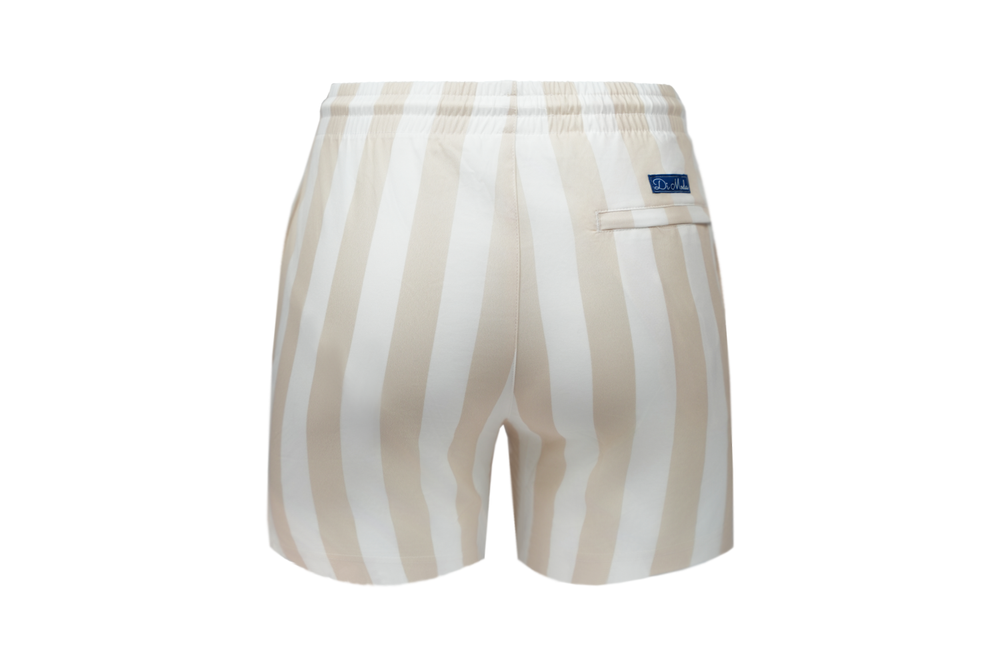 beige striped swim shorts