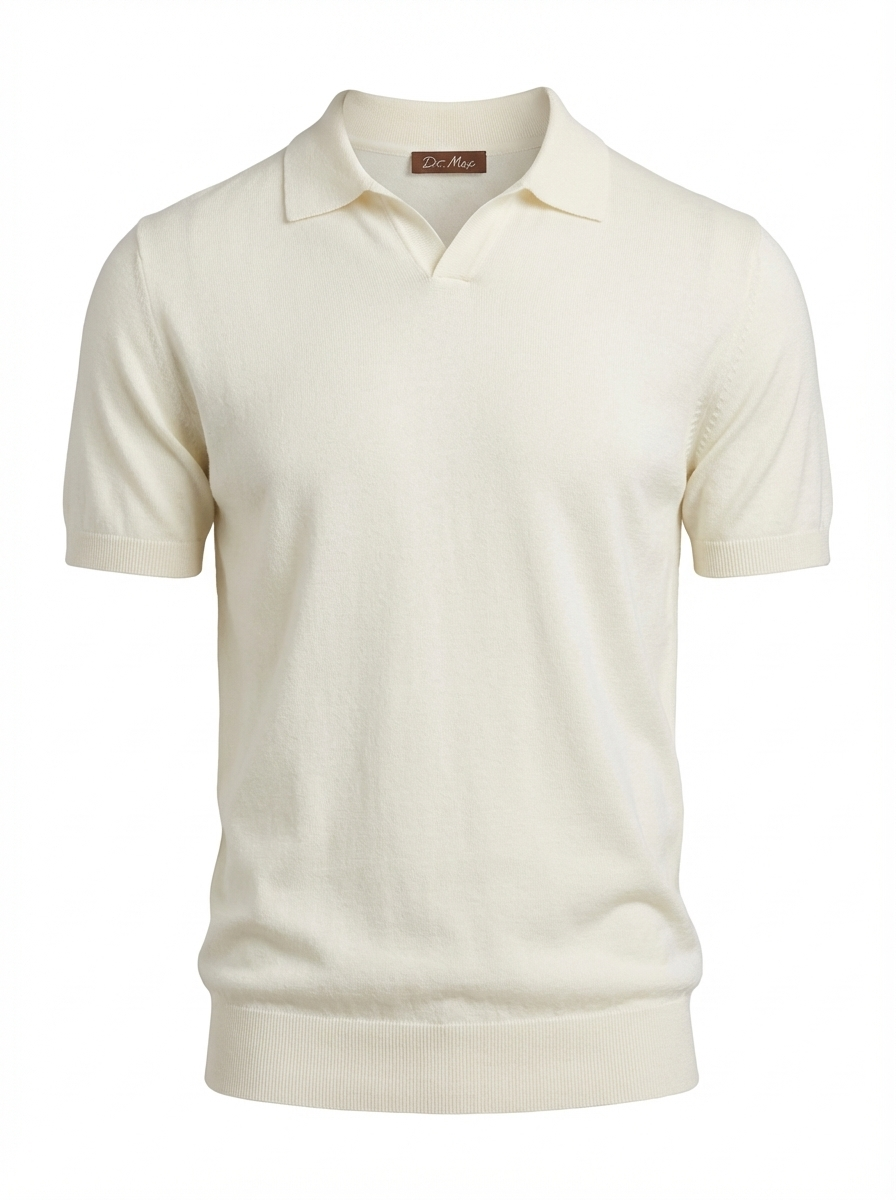 Wool Polo Short Sleeve V Neck With Stitch ( Thin ) CREAM