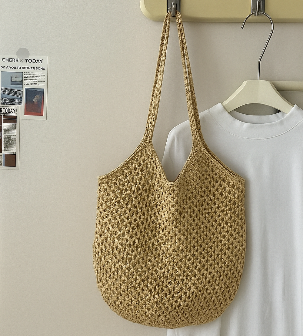 light brown crochet mesh tote bag