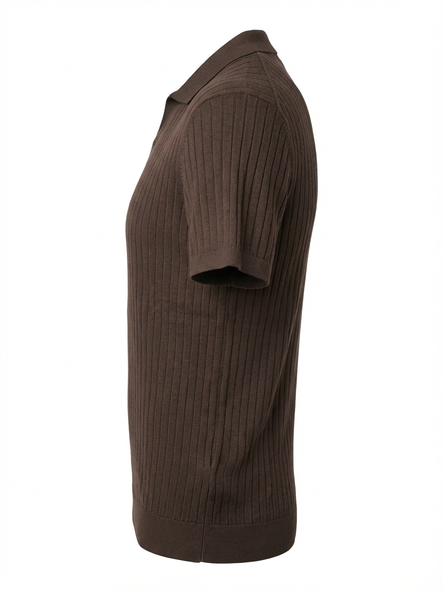 Wool Polo V Neck With Line On Body (Thin) Short SleeveBROWN