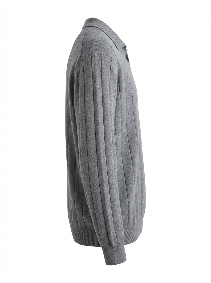 Wool Polo V Neck Long Sleeve With Thick Lines On The Body LT.GREY