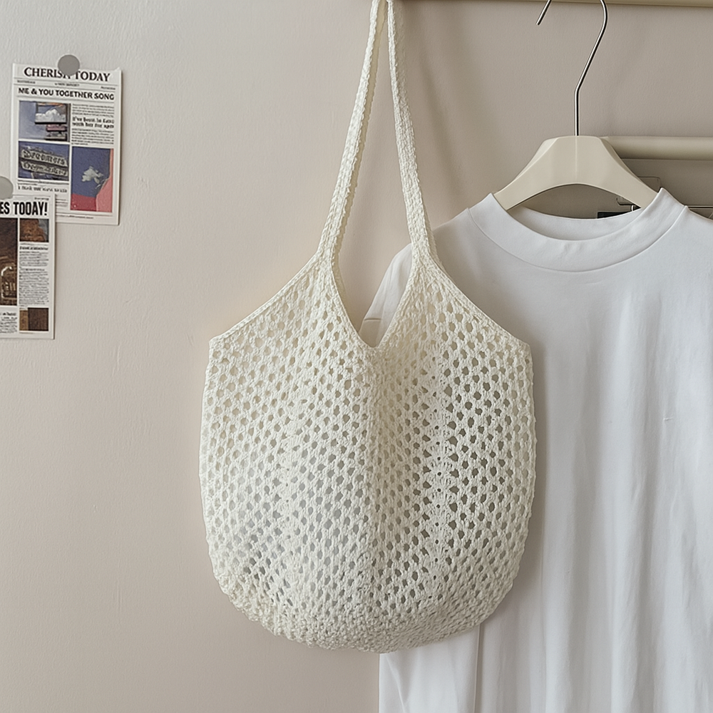 white crochet mesh tote bag