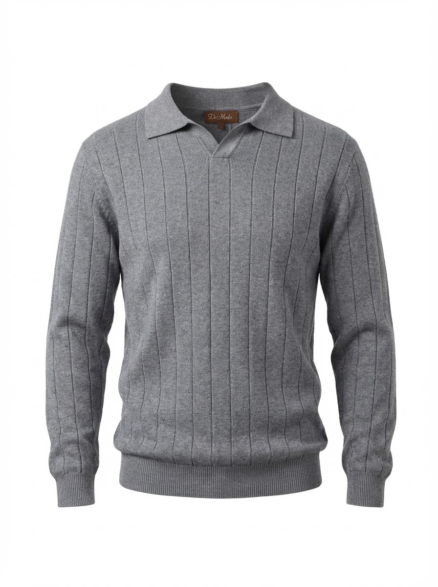 Wool Polo V Neck Long Sleeve With Thick Lines On The Body LT.GREY
