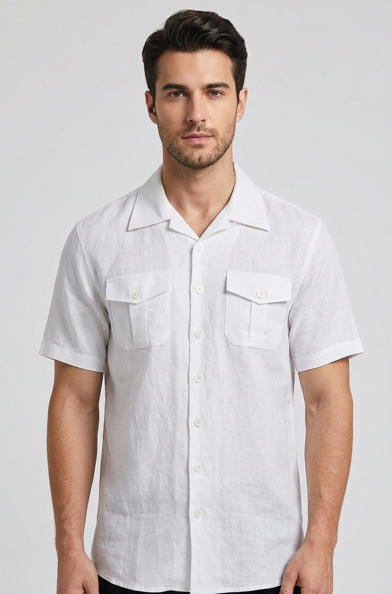 LINEN SHORT SLEEVE DOUBLE POCKET