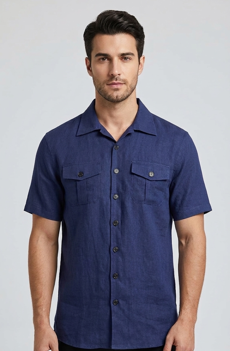 LINEN SHORT SLEEVE DOUBLE POCKET