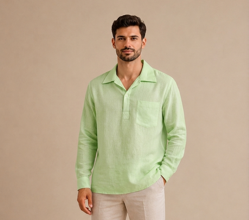 LINEN LONG SLEEVE V NECK SHIRT