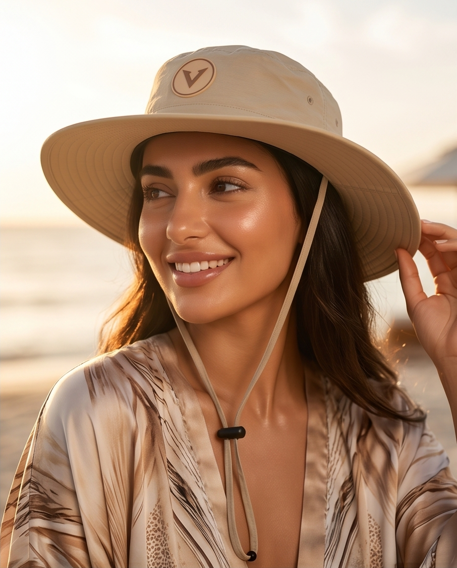 V - Round Bucket Hat With Strap  Free Size