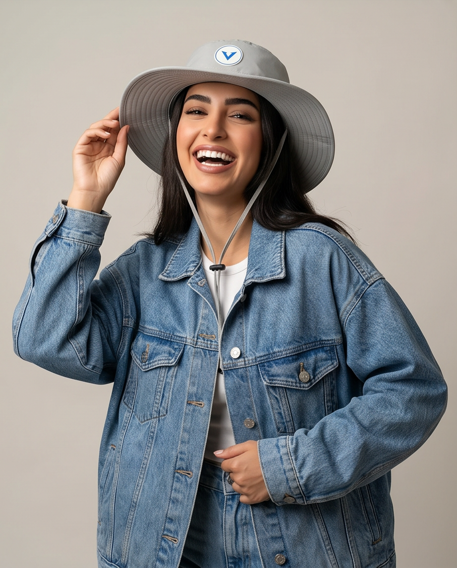 V - Round Bucket Hat With Strap  Free Size