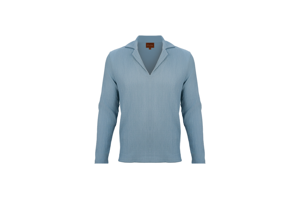 blue v neck long sleeve shirt