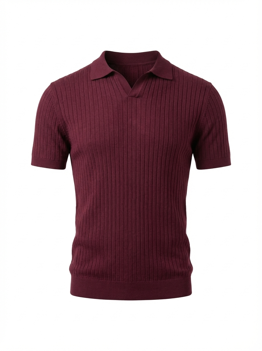 Wool Polo V Neck With Line On Body (Thin) Short Sleeve BURGANDY
