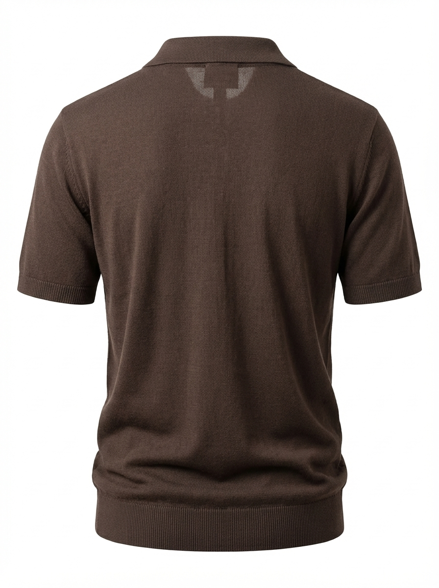 Wool Polo V Neck With Line On Body (Thin) Short SleeveBROWN