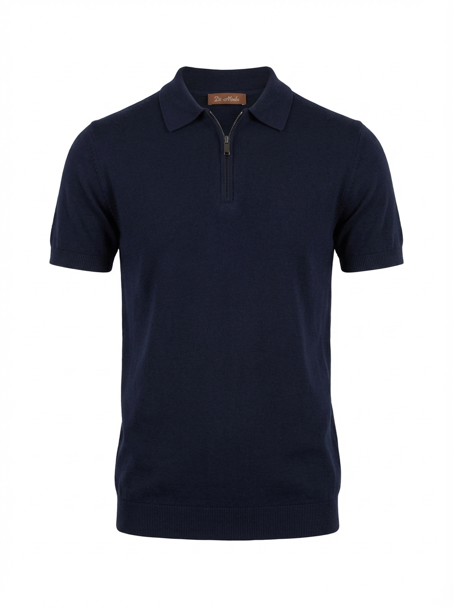 Wool Polo With Zipper Short Sleeve NAVY