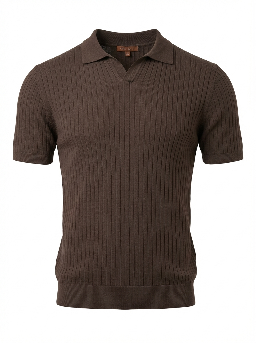 Wool Polo V Neck With Line On Body (Thin) Short SleeveBROWN