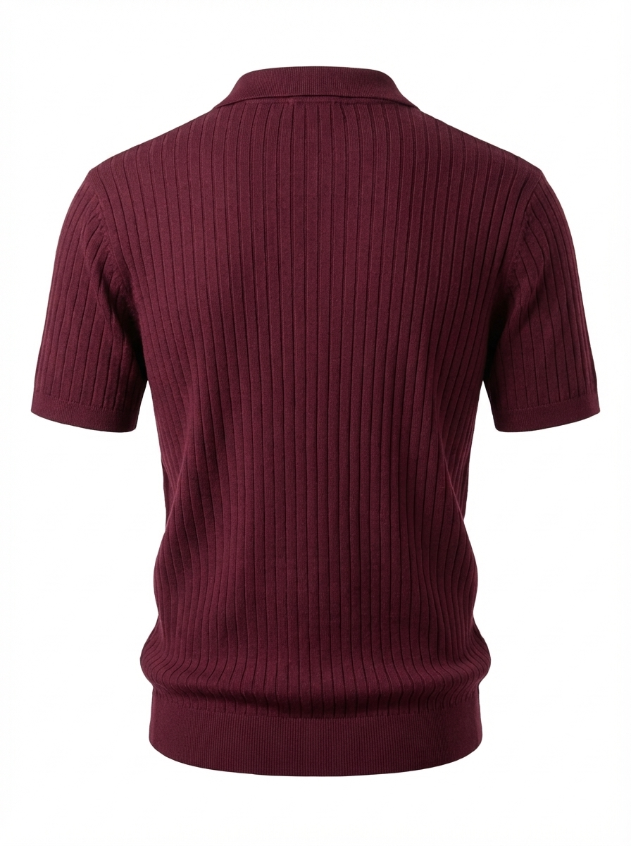 Wool Polo V Neck With Line On Body (Thin) Short Sleeve BURGANDY