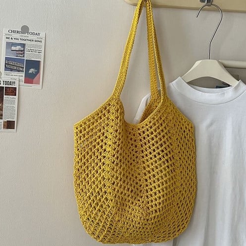 yellow crochet mesh tote bag