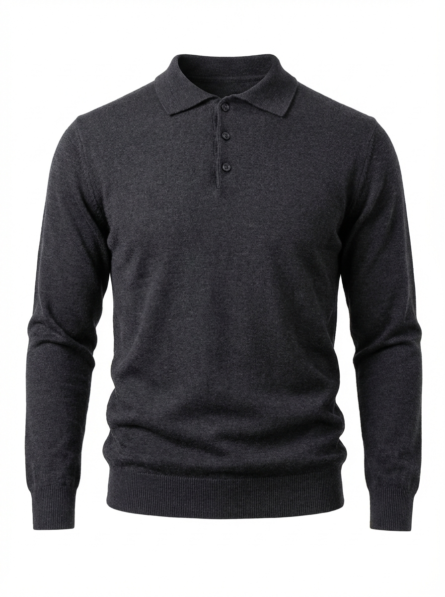 Wool Polo Long Sleeve With Button DK.GREY