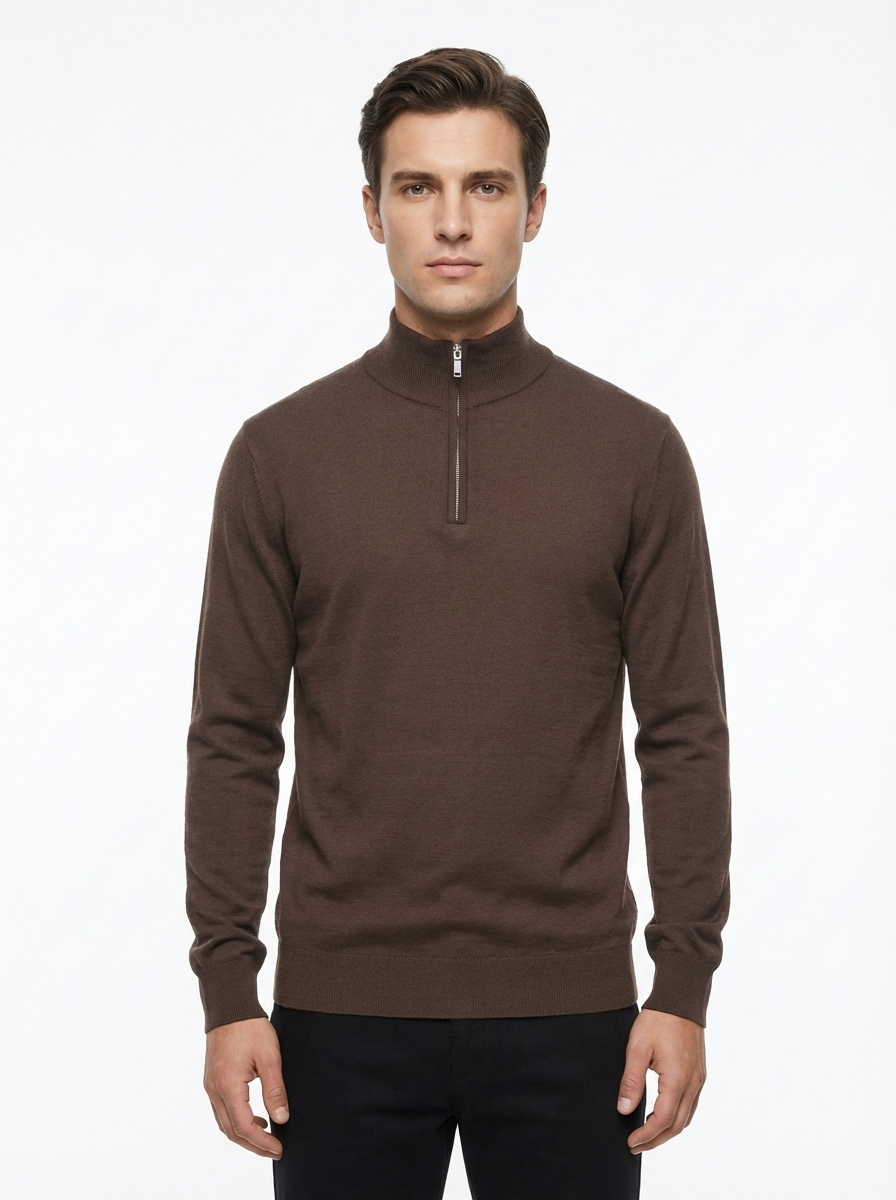 Wool  Half Zipper Long Sleeve (Soft ) BROWN