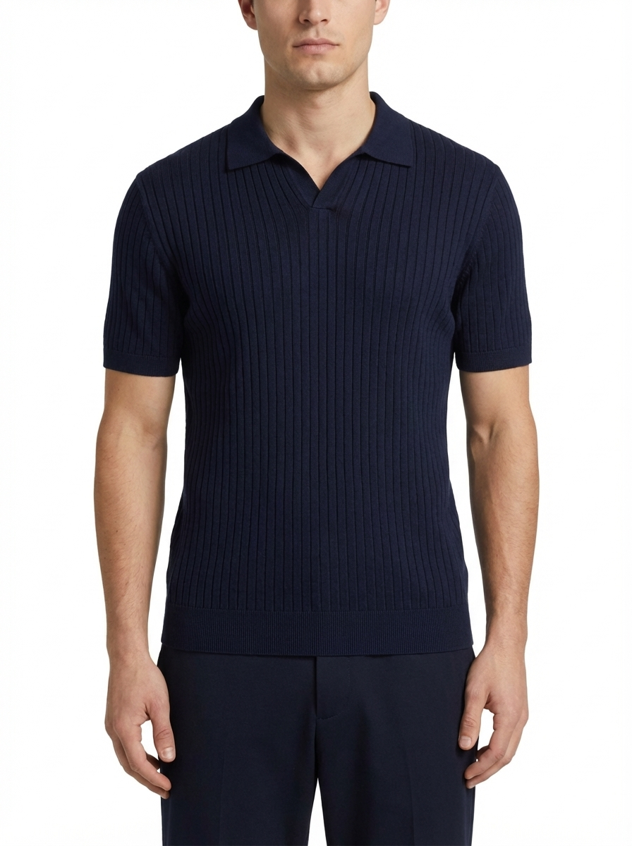 Wool Polo V Neck With Line On Body (Thin) Short Sleeve