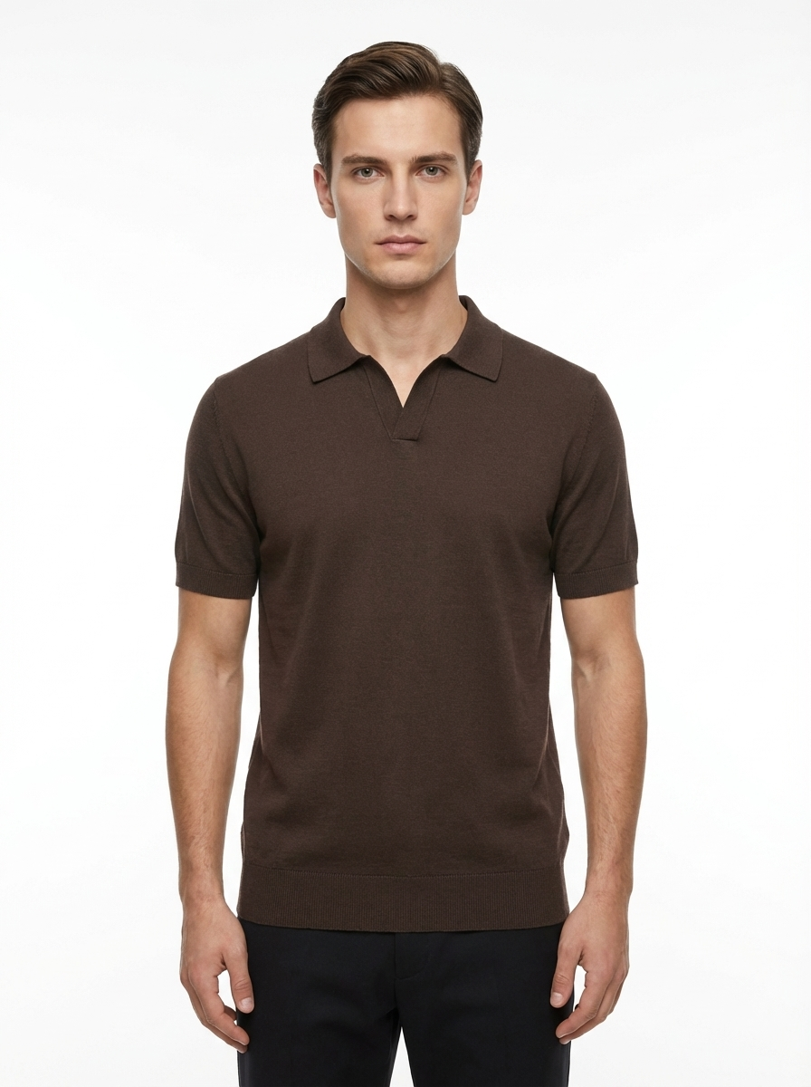 Wool Polo Short Sleeve  V Neck With Stitch ( Thin ) BROWN