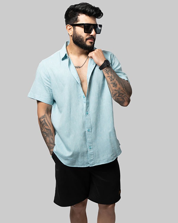 Linen Shirts-Short Sleeves-Baby Blue