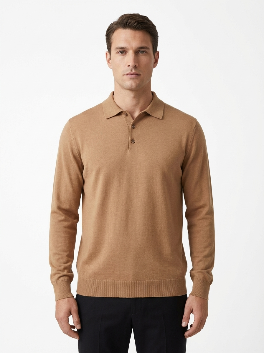 Wool Polo Long Sleeve With Button CAMEL