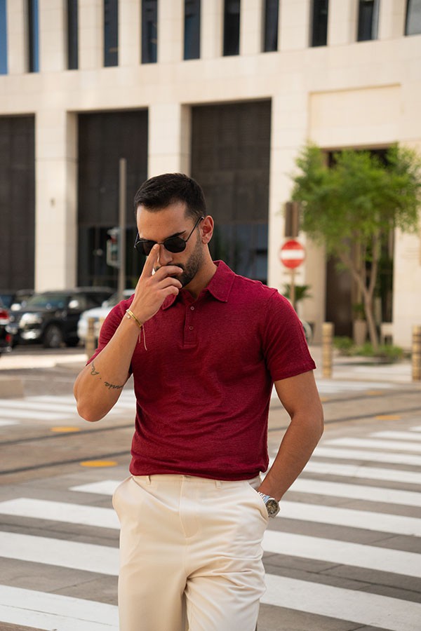 LINEN POLO-BURGUNDY