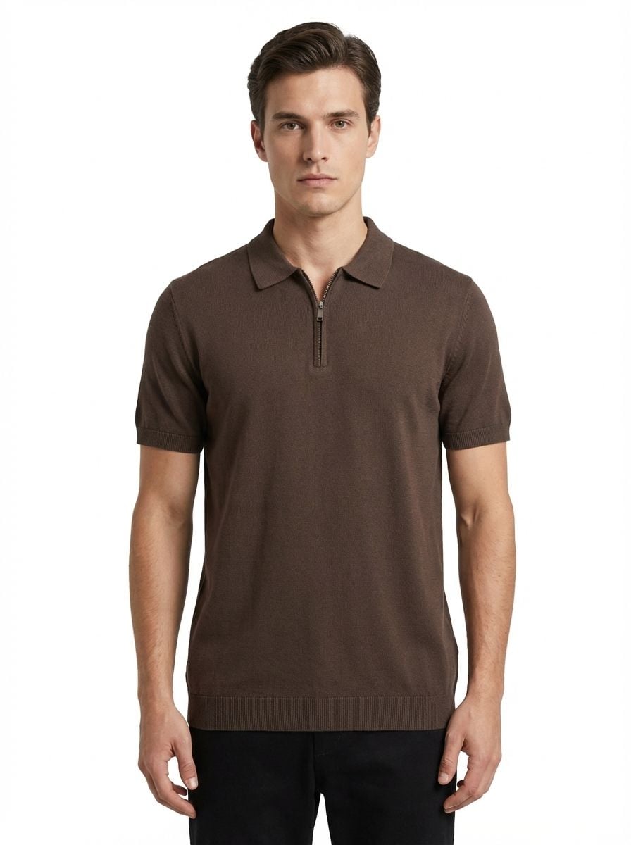 Wool Polo With Zipper Short Sleeve