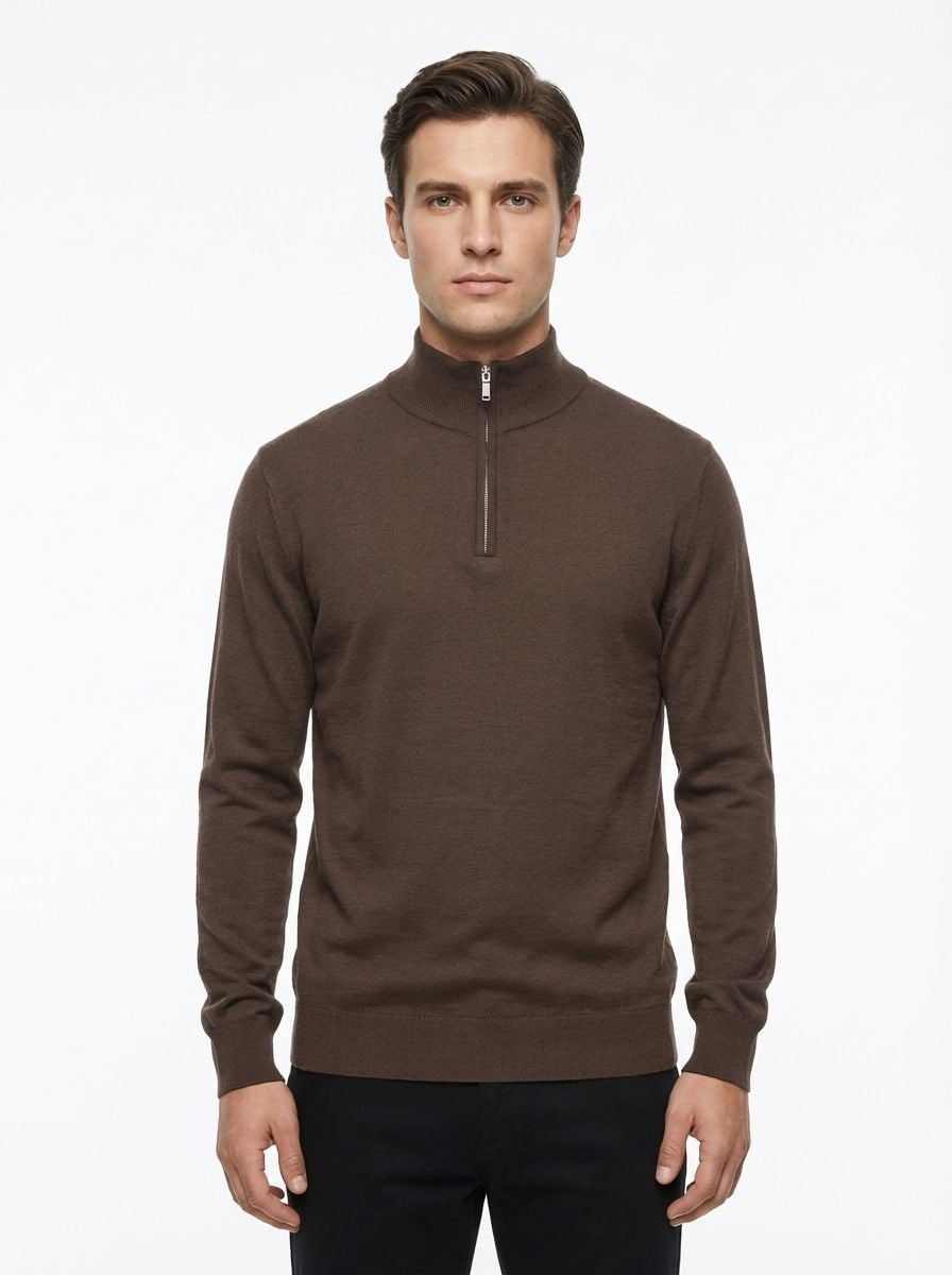 Wool  Half Zipper Long Sleeve (Soft ) BROWN