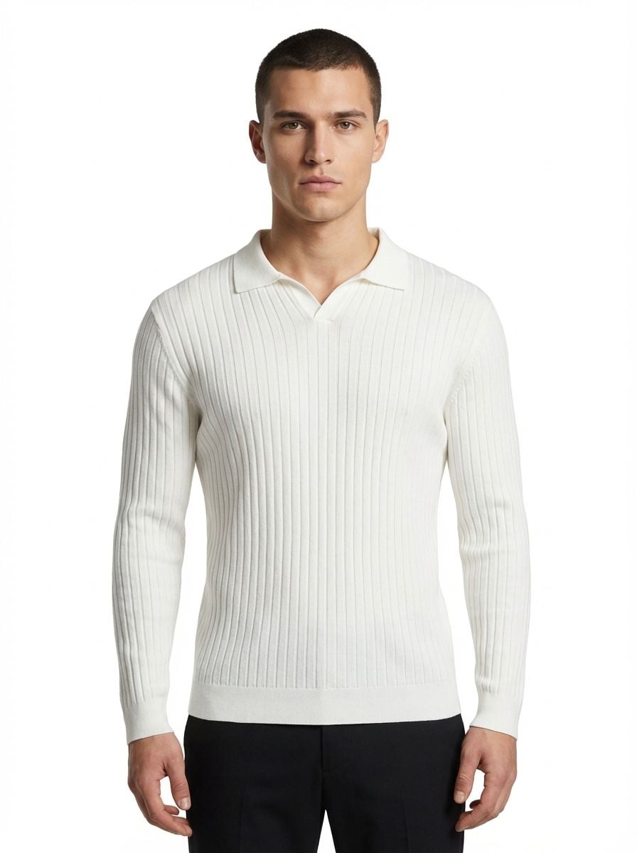 Wool Polo V Neck Long Sleeve With Thick Lines On The Body CREAM