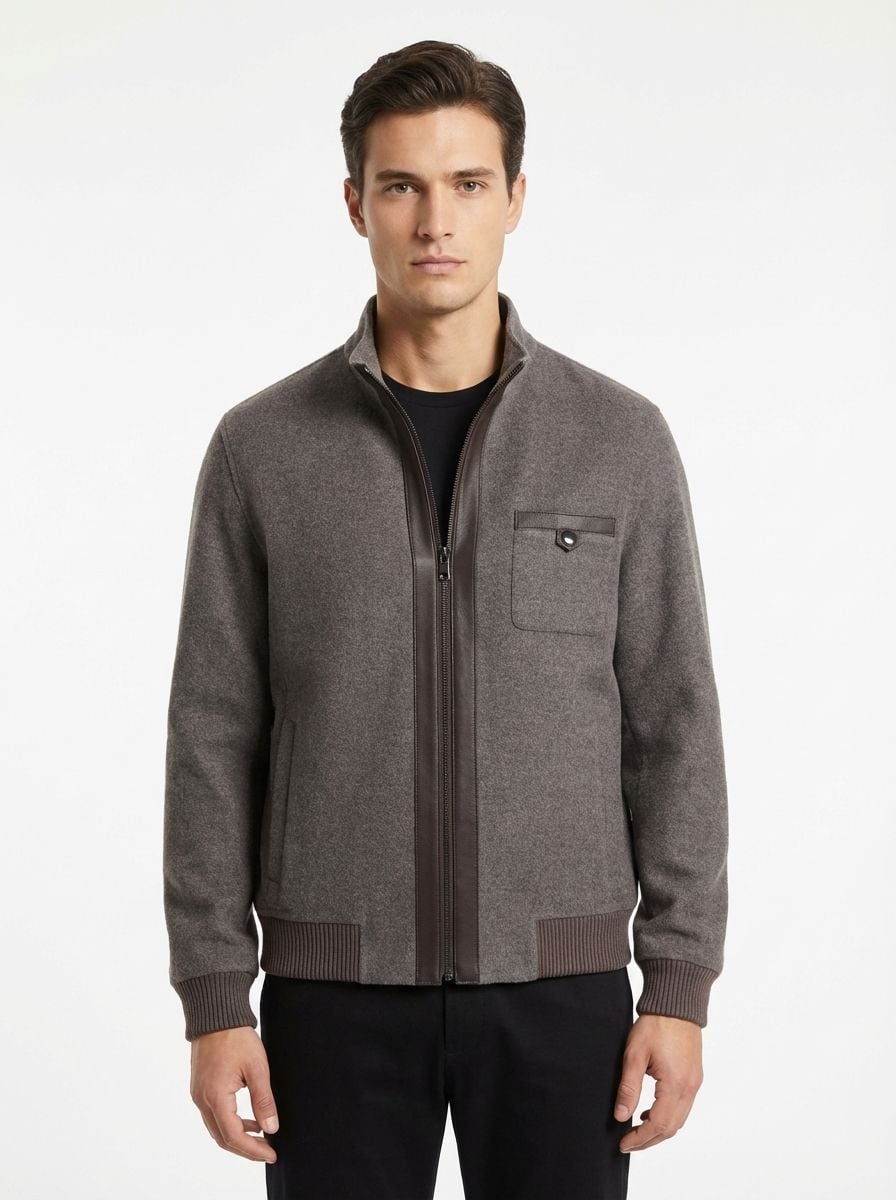 Brown Wool Zip-Up Jacket with High Collar and Leather Trim ( ALP 100 )