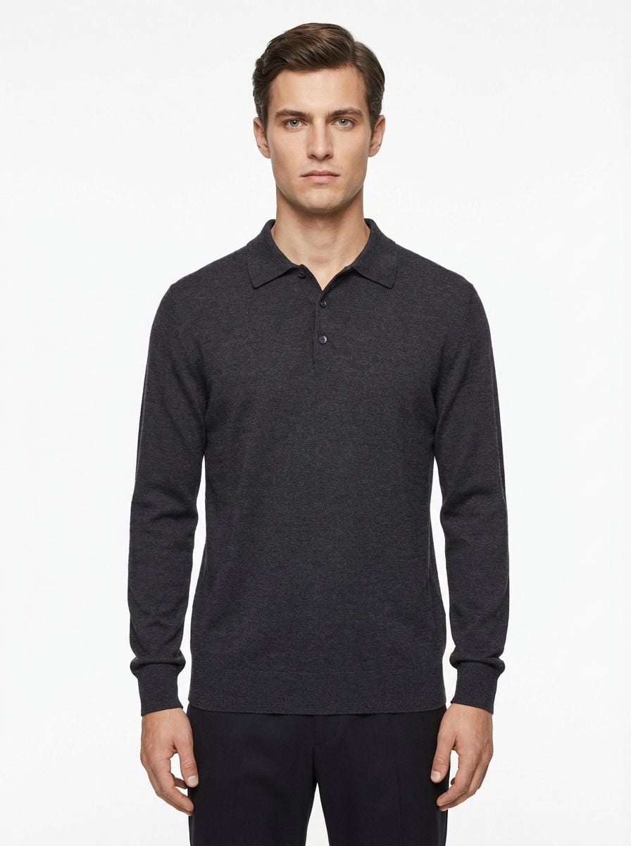 Wool Polo Long Sleeve With Button DK.GREY