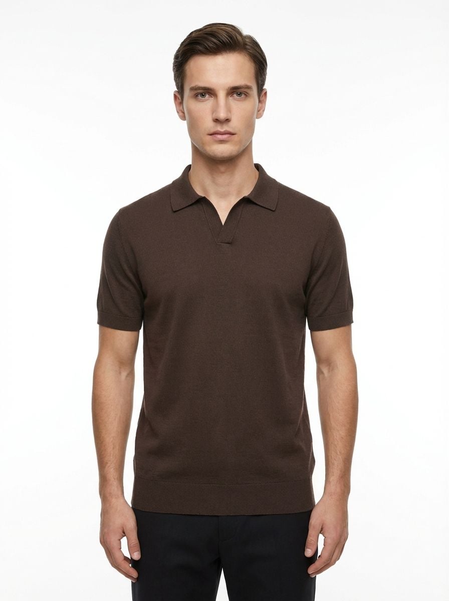 Wool Polo Short Sleeve  V Neck With Stitch ( Thin ) BROWN